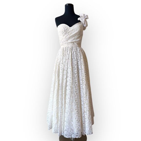 VTG Mike Benet Formals Ivory Lace Maxi Dress Size Small One Shoulder Prom Bridal - Picture 10 of 16